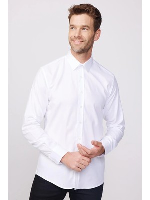 Tudors Modern Fit Uzun Kollu %100 Pamuk Armürlü Premium Erkek Beyaz Gömlek