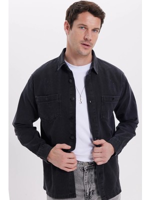 Tudors Relax Fıt Uzun Kollu Çift Cep Eskitmeli Siyah Denim Erkek Siyah Gömlek