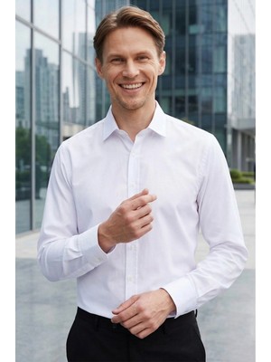 Tudors Erkek Modern Slim Fit Düz Saten Pamuklu Beyaz Gömlek