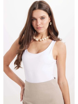 Tudors Kadın Standart Fit Normal Kesim Kolsuz Halter Yaka Beyaz Crop Atlet