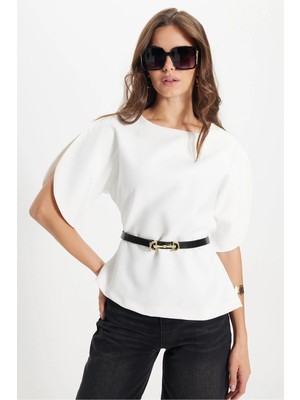 Tudors Kadın Slim Fit Dar Kesim Kol Detaylı İnce Kemerli Fermuarlı Beyaz Bluz Gömlek