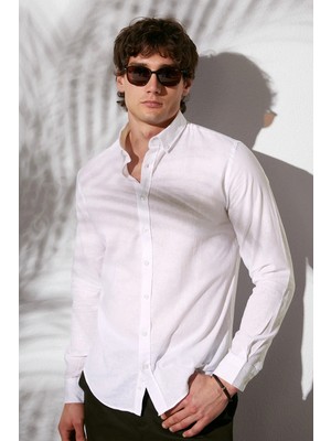 Tudors Slim Fit Uzun Kol Keten Premium Seri Düğmeli Yaka Spor Gömlek