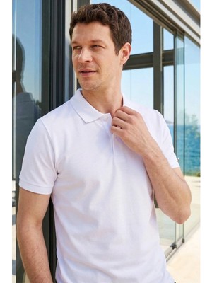 Tudors Erkek Slim Fit Dar Kesim %100 Pamuk Düz Pike Beyaz Polo Yaka Tişört