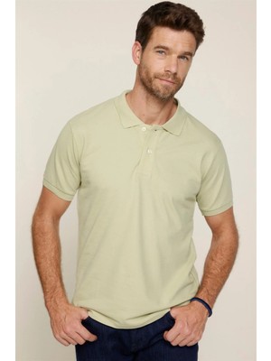 Tudors Erkek Slim Fit Dar Kesim %100 Pamuk Düz Pike Yeşil Polo Yaka Tişört