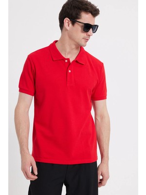 Tudors Erkek Slim Fit Dar Kesim %100 Pamuk Kısa Kollu Polo Yaka Kırmızı Tişört
