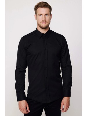 Tudors Modern Slim Fit Uzun Kollu Pamuklu Kolay Ütü Armürlü Erkek Siyah Gömlek