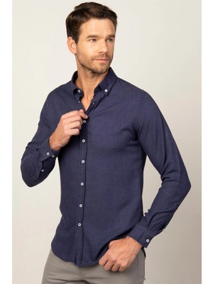 Tudors Slim Fit Uzun Kollu Düğmeli Yaka Kışlık Yün Viskon Düz Gömlek