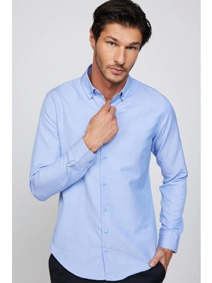 Tudors Slim Fit Uzun Kollu Düğmeli Yaka Pamuklu Kolay Ütü Düz Mavi Erkek Gömlek
