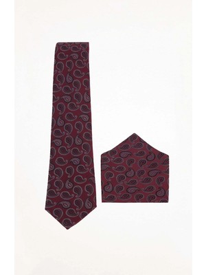 Tudors Erkek Bordo Paisley Desenli Klasik Kravat ve Cep Mendili Takımı