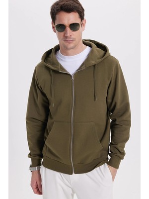 Tudors Unisex Relax Fit Rahat Kesim Pamuklu İçi Polarlı Çift Cepli Tam Fermuarlı Haki Kapüşonlu Sweat