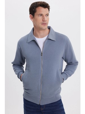 Tudors Unisex Relax Fit Rahat Kesim Pamuklu İç Polarlı Fermuarlı Gri Polo Yaka Flato Cepli Sweatshirt Hırka