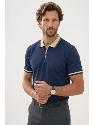 Tudors Erkek Slim Fit Dar Kesim %100 Pamuk Kısa Kollu Yarım Fermuarlı Lacivert Polo Yaka Tişört