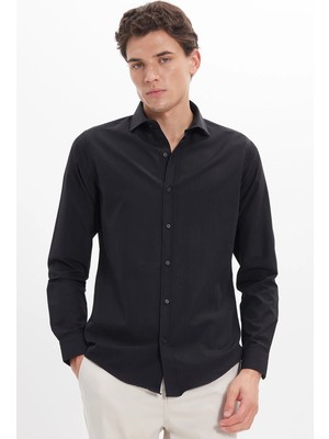 Tudors Slim Fit Uzun Kollu Pamuklu Kolay Ütü Siyah Erkek Gömlek