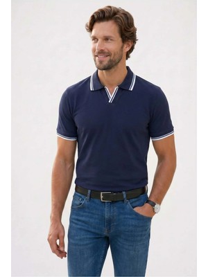 Tudors Erkek Slim Fit Dar Kesim %100 Pamuklu Çizgili Detaylı V Yaka Lacivert Polo Yaka Tişört