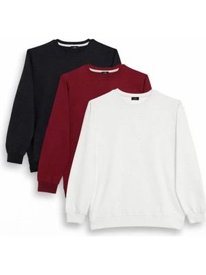 Tudors Erkek 3'lü Siyah-Bordo-Beyaz Relax Fit Rahat Kesim %100 Pamuk 2 İplik Bisiklet Yaka Sweatshirt