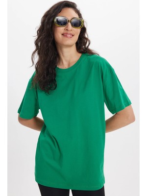 Tudors Kadın Slim Fit Dar Kesim %100 Pamuk Kısa Kollu Bisiklet Yaka Yeşil Tişört Bluz