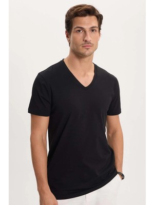 Tudors Erkek Slim Fit Dar Kesim Pamuklu Yumuşak Dokulu Likralı Esnek Kumaş Düz Basic Siyah V Yaka Tişört