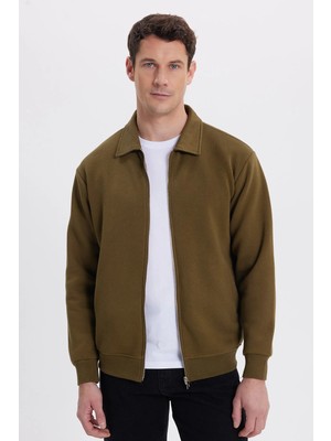 Tudors Unisex Relax Fit Rahat Kesim Pamuklu İç Polarlı Fermuarlı Yeşil Polo Yaka Cepli Sweatshirt Hırka