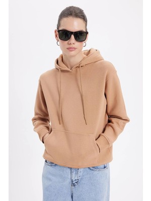 Tudors Kadın Relax Fit Rahat Kesim Pamuklu Kapüşonlu Kanguru Cepli Vizon Sweatshirt