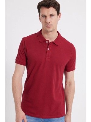 Tudors Erkek Slim Fit Dar Kesim %100 Pamuk Kısa Kollu Polo Yaka Kırmızı Tişört