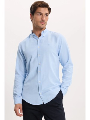Tudors Erkek Slim Fit Dar Kesim Düz Oxford Armalı Düğmeli Yaka Mavi Spor Gömlek