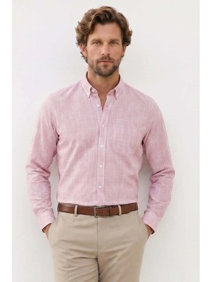 Tudors Erkek Slim Fit Dar Kesim Uzun Kollu %100 Pamuk Keten Efektli Düğmeli Yaka Rahat Kırmızı Gömlek