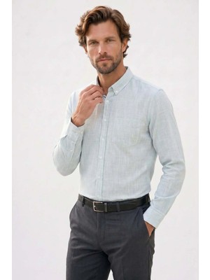 Tudors Erkek Slim Fit Dar Kesim Uzun Kollu %100 Pamuk Keten Efektli Düğmeli Yaka Rahat Yeşil Gömlek