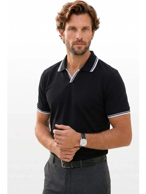 Tudors Erkek Slim Fit Dar Kesim %100 Pamuklu Çizgili Detaylı V Yaka Siyah Polo Yaka Tişört