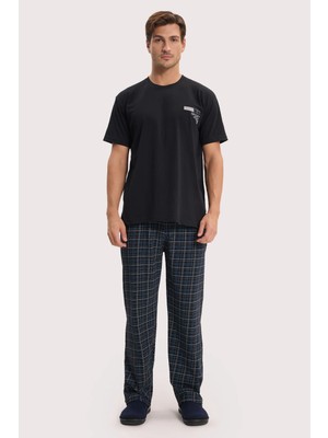 Tudors Erkek Standart Fit Normal Kesim Pamuklu Bisiklet Yaka Kısa Kollu Lastikli Siyah Pijama Takımı