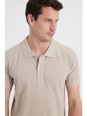Tudors Erkek Slim Fit Dar Kesim %100 Pamuk Kısa Kollu Polo Yaka Bej Tişört