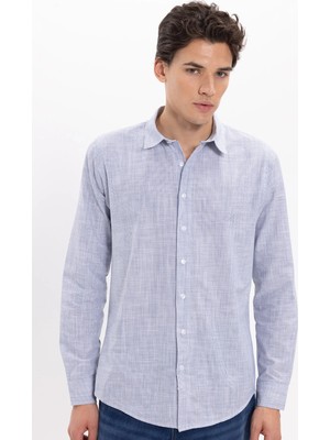 Tudors Erkek Slim Fit Dar Kesim %100 Pamuk Çizgili Uzun Kollu Keten Efektli Lacivert Gömlek