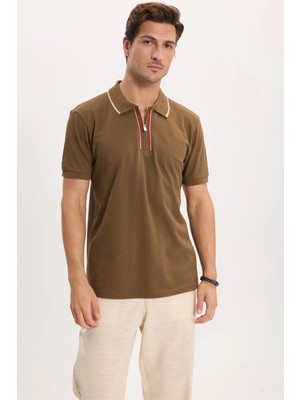 Tudors Erkek Slim Fit Dar Kesim %100 Pamuk Kısa Kollu Yarım Fermuarlı Vizon Polo Yaka Tişört
