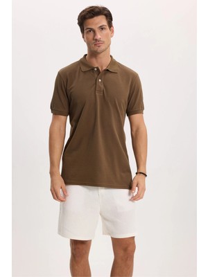 Tudors Erkek Slim Fit Dar Kesim %100 Pamuk Kısa Kollu Polo Yaka Kahverengi Tişört