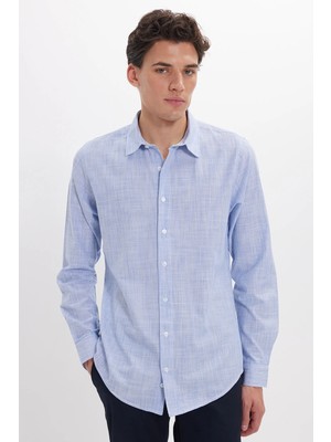 Tudors Erkek Slim Fit Dar Kesim %100 Pamuk Çizgili Uzun Kollu Keten Efektli Saks Mavi Gömlek
