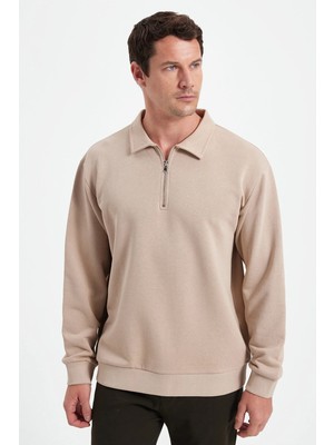 Tudors Erkek Relax Fit Rahat Kesim Pamuklu 3 İplik Fermuarlı Polo Yaka Taş Sweatshirt