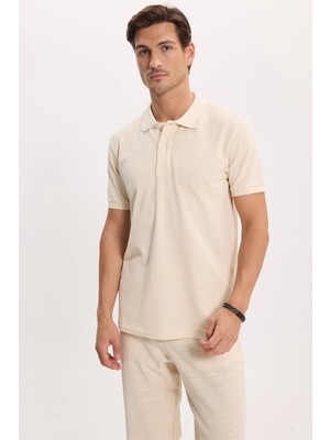 Tudors Erkek Slim Fit Dar Kesim %100 Pamuk Kısa Kollu Polo Yaka Ekru Tişört