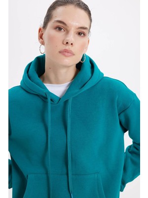 Tudors Kadın Oversize Geniş Kesim Pamuklu Yumuşak Dokulu İçi Polarlı Basic Yeşil Kapüşonlu Sweatshirt