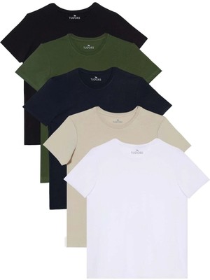 Tudors Unisex 5'li Paket Siyah-Beyaz-Lacivert-Vizon-Yeşil Slim Fit Dar Kesim %100 Pamuk Bisiklet Yaka Tişör