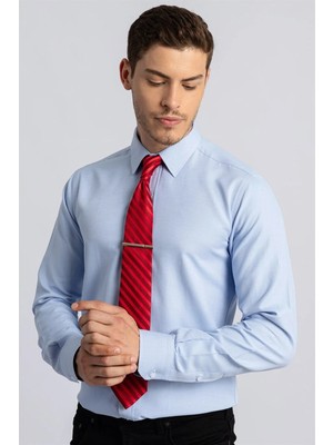 Tudors Modern Slim Fit Uzun Kollu Pamuklu Kolay Ütü Armürlü Erkek Mavi Gömlek