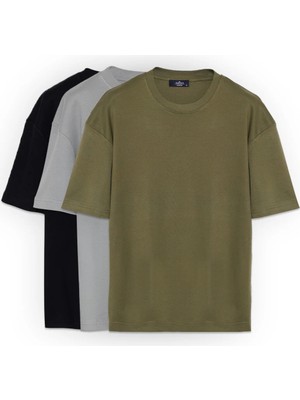 Tudors Unisex 3'lü Paket Siyah-Gri-Yeşil Oversize Geniş Kesim %100 Pamuk Basic Bisiklet Yaka Tişört 3'lü Ti