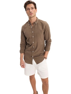 Tudors Erkek Slim Fit Dar Kesim %100 Pamuk Düğmeli Yaka Flam Keten Haki Gömlek