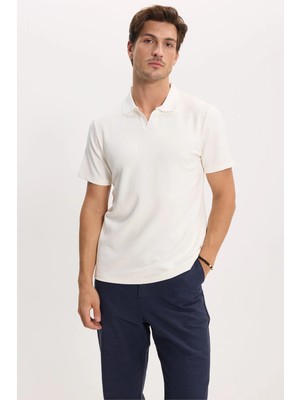 Tudors Erkek Slim Fit Dar Kesim Pamuklu Kısa Kollu Çizgili Ekru Polo V Yaka Tişört