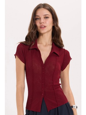 Tudors Kadın Slim Fit Dar Kesim Kısa Kollu Dikiş Detaylı Dokulu Düğmeli Beyaz Bluz Gömlek