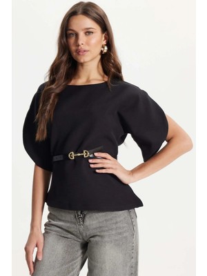 Tudors Kadın Slim Fit Dar Kesim Kol Detaylı İnce Kemerli Fermuarlı Siyah Bluz Gömlek
