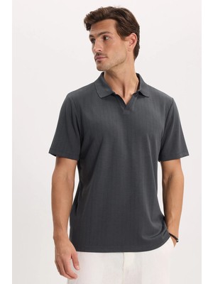 Tudors Erkek Slim Fit Dar Kesim Pamuklu Kısa Kollu Çizgili Antrasit Polo V Yaka Tişört