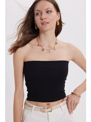 Tudors Kadın Slim Fit Dar Kesim Pamuklu Straplez Siyah Bluz