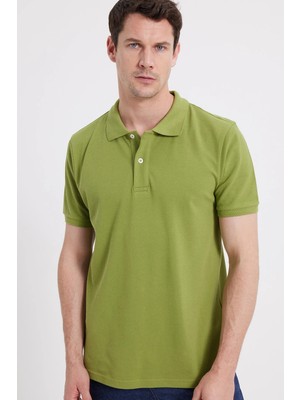 Tudors Erkek Slim Fit Dar Kesim %100 Pamuk Kısa Kollu Polo Yaka Yeşil Tişört