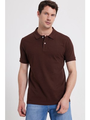 Tudors Erkek Slim Fit Dar Kesim %100 Pamuk Kısa Kollu Polo Yaka Kahverengi Tişört