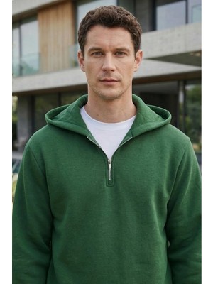 Tudors Unisex Relax Fit Rahat Kesim Pamuklu Içi Polarlı Yarım Fermuarlı Yeşil Kapüşonlu Sweatshirt