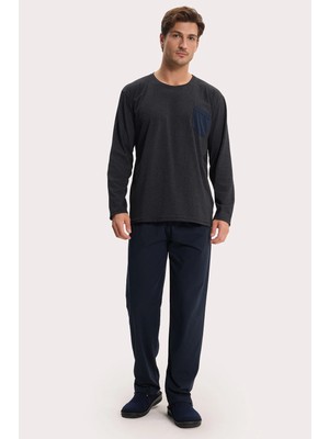 Tudors Erkek Standart Fit Rahat Kesim Uzun Kollu Pamuklu Gri Lacivert Pijama Takımı